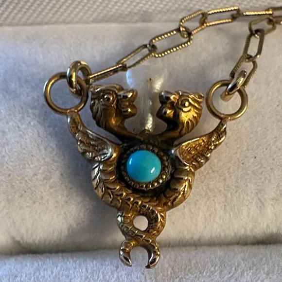 Antique Caduceus Necklace Turquoise Pearl Gold - Picture 7 of 7